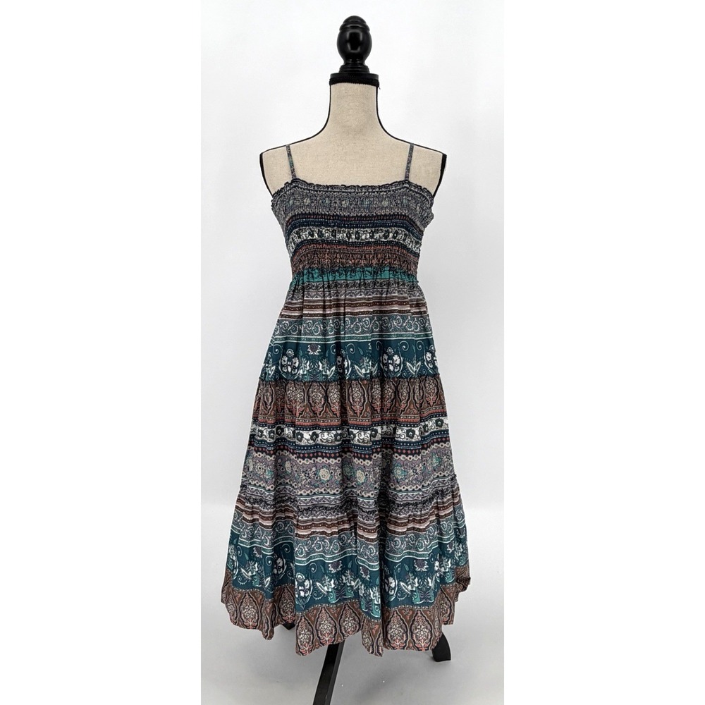 MUDD Smocked Bodice Paisley Boho Tiered Midi Sundress MED Earthy Peasant Indie